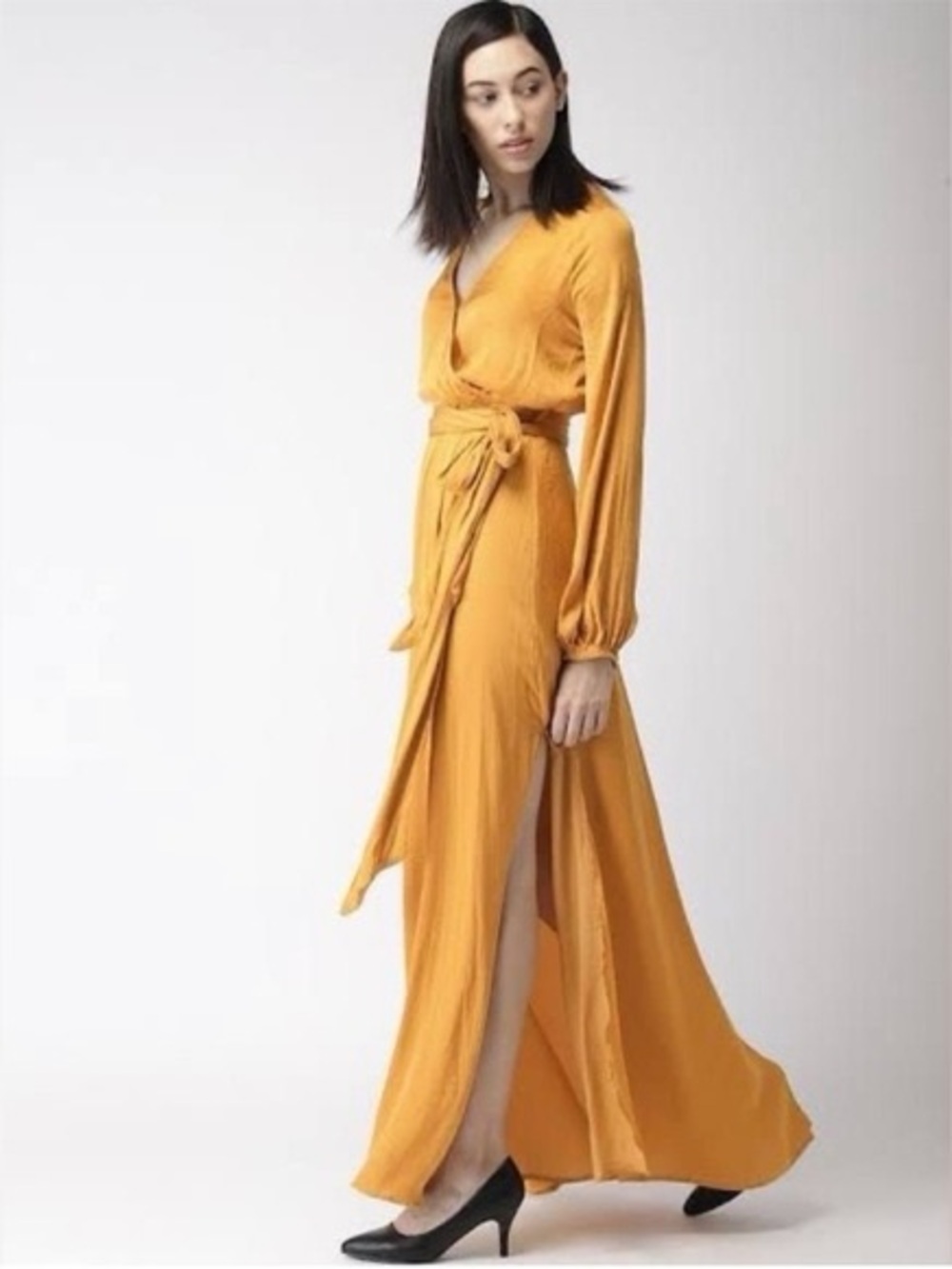Forever 21 Mustard Orange Wrap Maxi Dress | Long Sleeve Boho Fall Dress